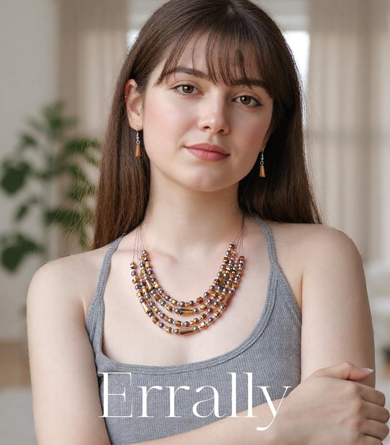 Errally Store Layered Beaded Statement Necklace Multi Strand Crystal Beads Collar Necklace and Earring Sets for Women Fashion Costume Jewelry Set Gifts for Her - Image 3